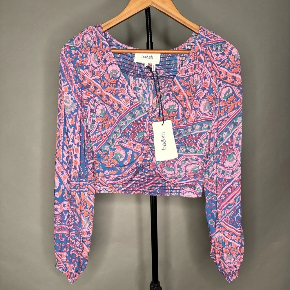 ba&sh NWT Finka Long-Sleeve Floral Paisley Puff Sleeve Crop Top Purple Pink XS - Picture 4 of 15